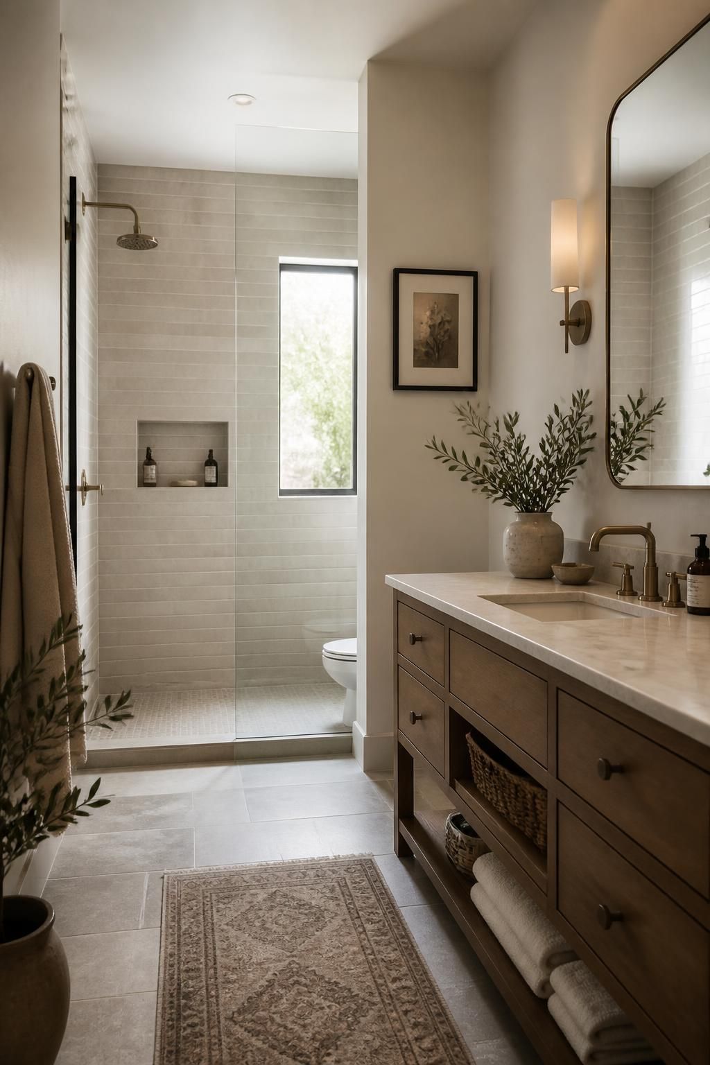 Inviting bathroom interior with elegant tile installation and soft natural light.