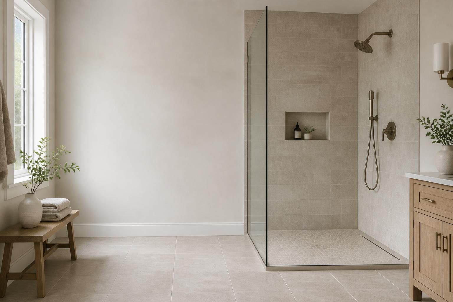 Clean finished shower with open space for website call-to-action text.