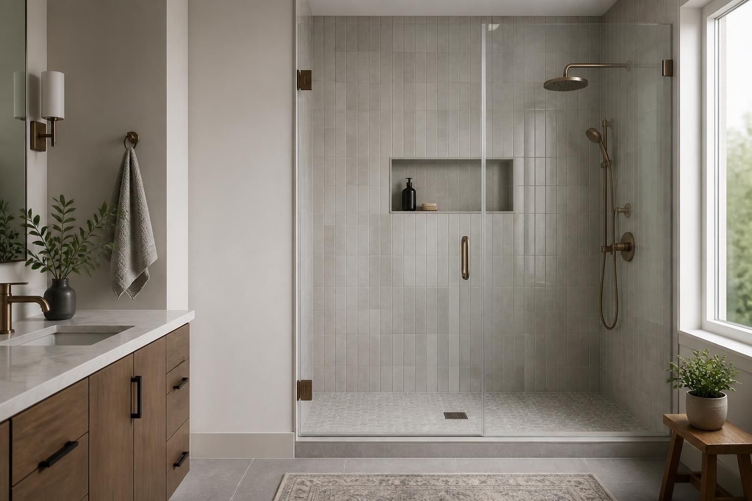 Sleek custom tiled shower with frameless glass enclosure.