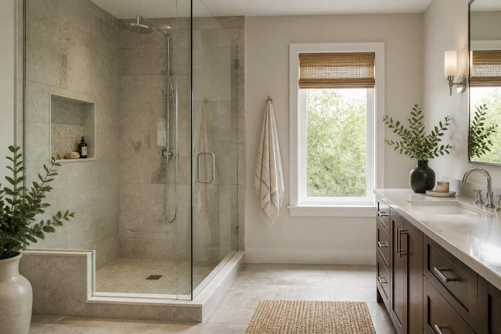 Modern bathroom with custom tile shower and polished chrome fixtures.