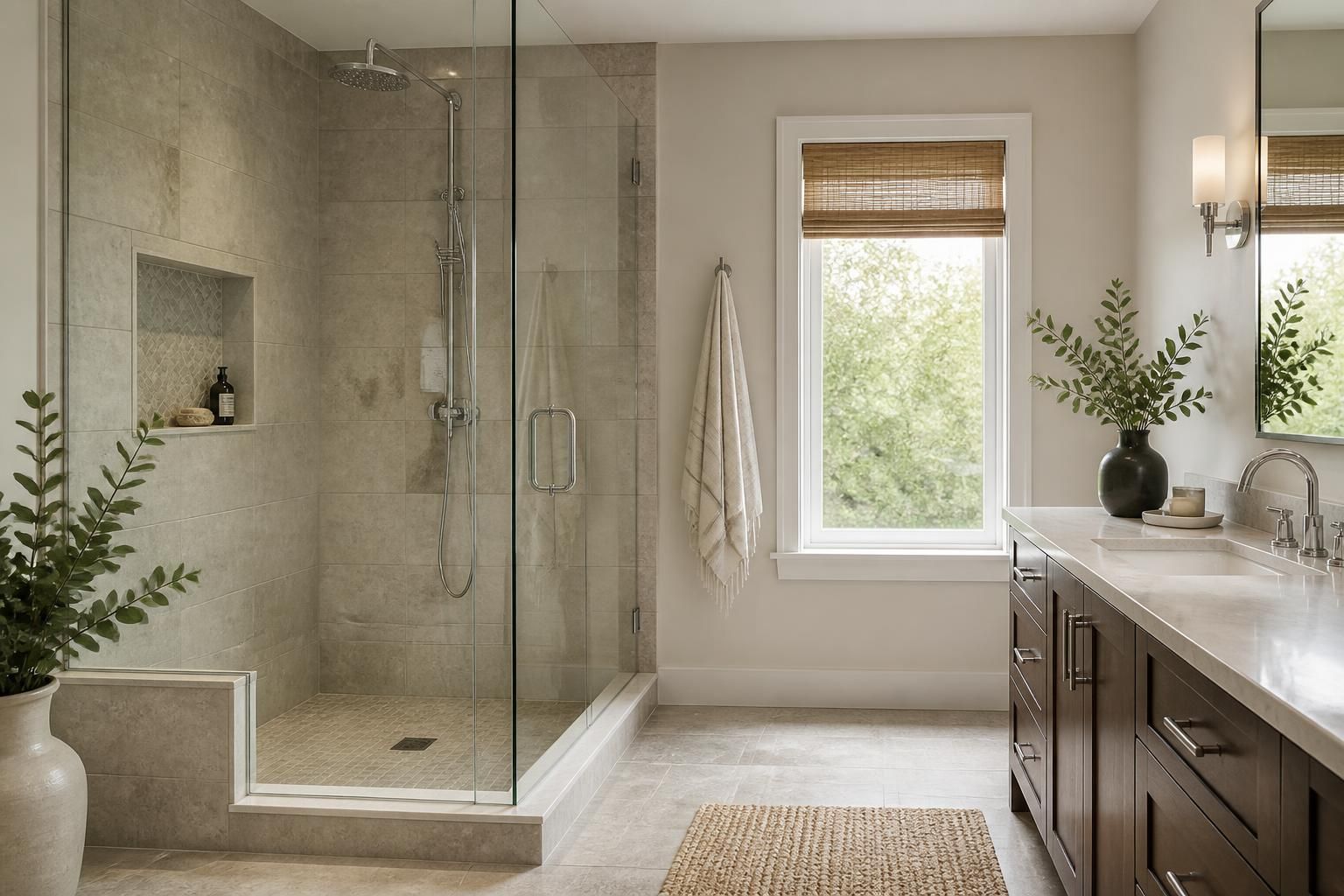 Modern bathroom with custom tile shower and polished chrome fixtures.