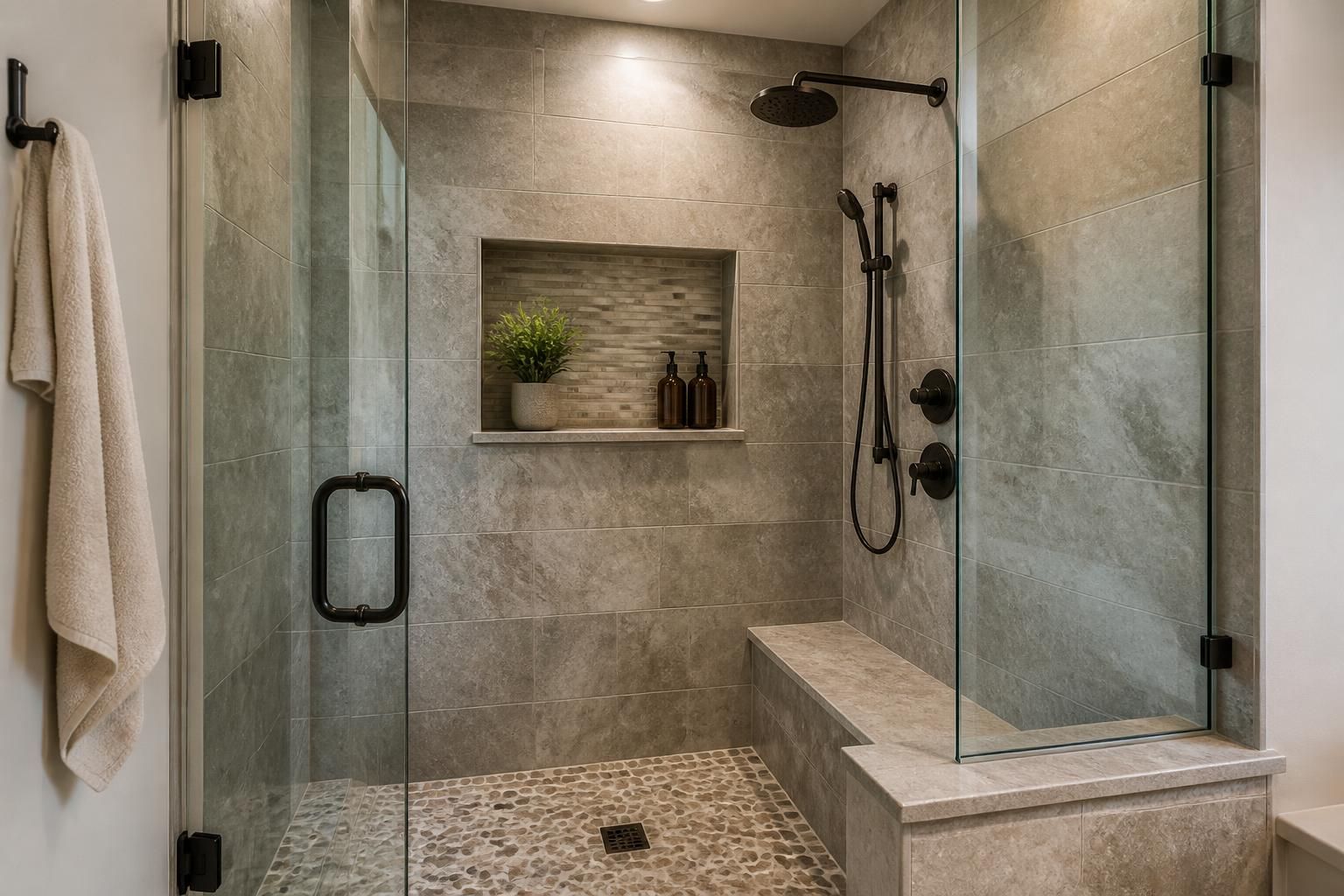 Finished custom tile shower with niche and glass enclosure.