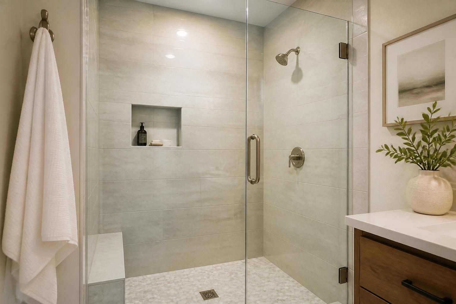 Finished shower with frameless glass door and tiled surround.