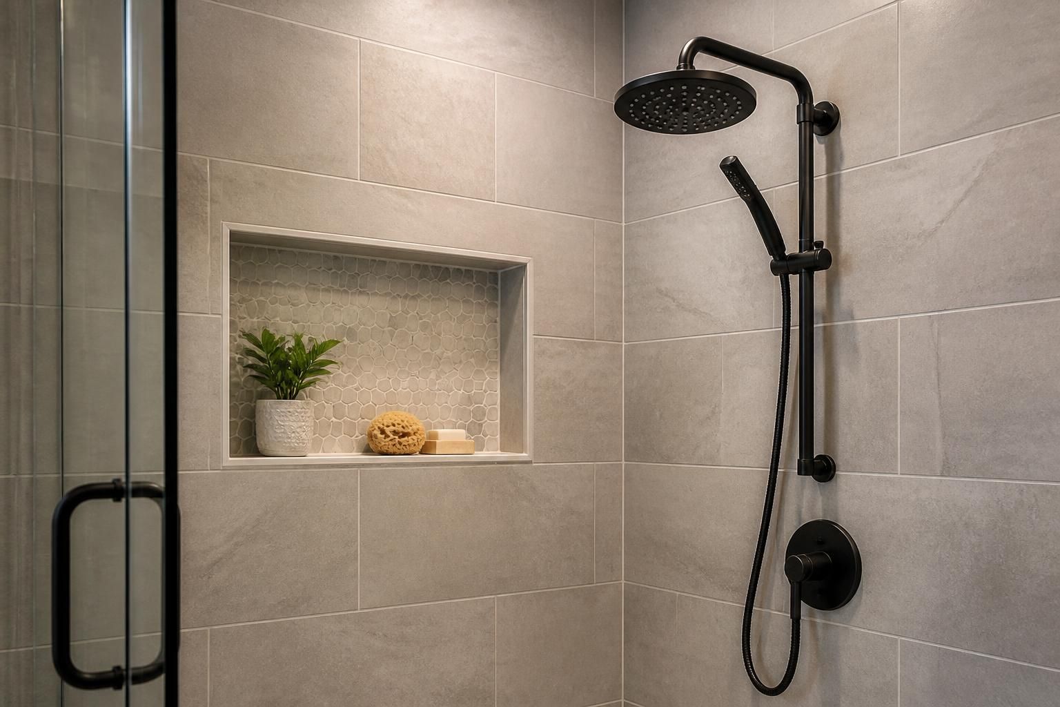 Finished shower with beautifully installed tile and clean grout lines.